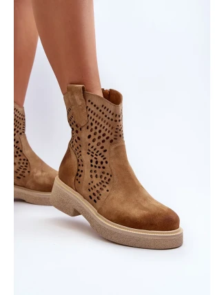 Zazoo Semišové dámské boty na plochém podpatku, prolamované, béžová