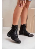 Dámské zateplené kotníkové boty na nízkém podpatku s ozdobami – černé Ellieo