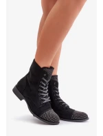 Dámské zateplené kotníkové boty na nízkém podpatku s ozdobami – černé Ellieo