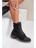 Dámské zateplené kotníkové boty na nízkém podpatku s ozdobami – černé Ellieo
