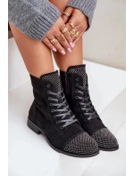 Dámské zateplené kotníkové boty na nízkém podpatku s ozdobami – černé Ellieo
