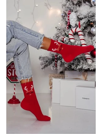 Dámské vánoční ponožky s motivem soba – červené Dámské vánoční ponožky s motivem soba – červené
