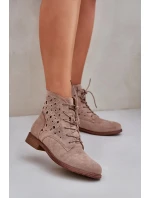 Dámské šněrovací kotníkové botky s perforovaným vzorem – béžové S.Barski
