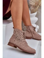 Dámské šněrovací kotníkové botky s perforovaným vzorem – béžové S.Barski