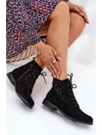 Dámské šněrovací kotníkové botky s perforovaným vzorem – černé S.Barski