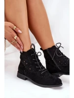 Dámské šněrovací kotníkové botky s perforovaným vzorem – černé S.Barski
