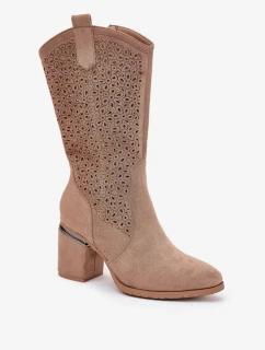 Dámské perforované kozačky do poloviny lýtka ve stylu kovbojek S.Barski – béžové, eko kůže