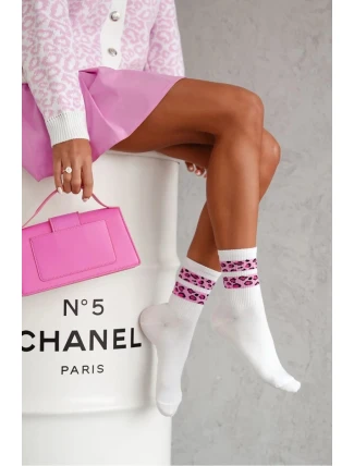 Dámské ponožky s leopardími pruhy – bílo/růžové Dámské ponožky s leopardími pruhy – bílo/růžové