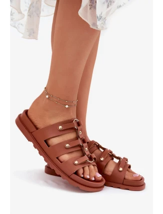 Dámské pantofle s pásky – camel