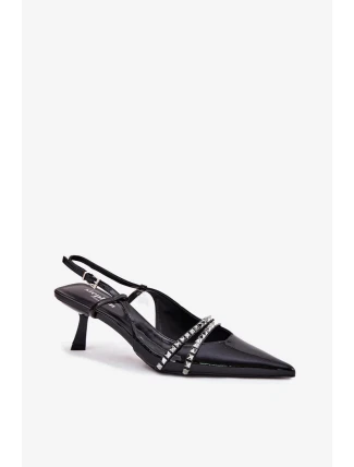 Dámské lakované lodičky na jehlovém podpatku s ozdobnými pásky Jelmia – černé Dámské lakované lodičky na jehlovém podpatku s ozdobnými pásky Jelmia – černé