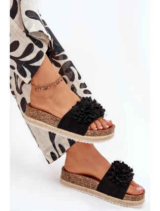 Dámské pantofle na platformě s ozdobnými květinami – černé