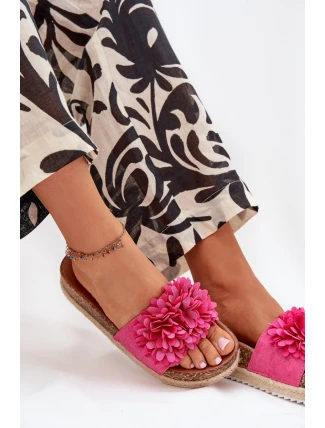 Dámské pantofle na platformě s ozdobnými květinami – fuchsiové