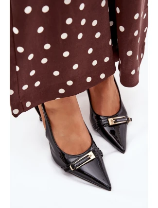 Dámské lakované lodičky na jehlovém podpatku se zlatou sponou Vivae – černé Dámské lakované lodičky na jehlovém podpatku se zlatou sponou Vivae – černé