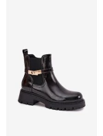 Dámské zateplené lakované kotníkové botky sztyblety s ozdobným páskem – černé Vivessa