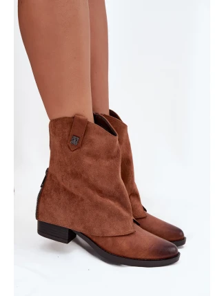 Dámské zateplené kotníkové botky kovbojky na sloupku – camel Sylvette