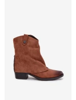 Dámské zateplené kotníkové botky kovbojky na sloupku – camel Sylvette