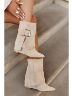 Dámské zateplené kotníkové botky na klínku s ohrnovací manžetou a přezkou – béžové Vortinia