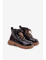 Dětské zateplené lakované kotníkové botky s medvídkovou připínkou – černé Jovellea