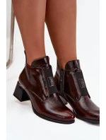 Dámské zateplené botky na podpatku s masivním podpatkem a ozdobným detailem – tmavě hnědé Zazoo