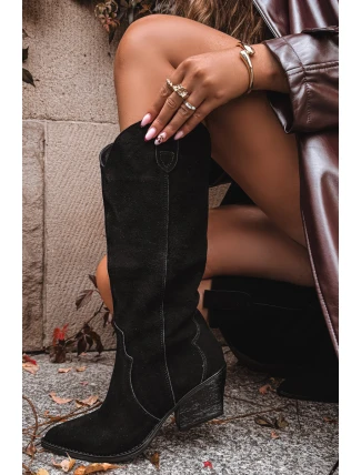 Dámské zateplené kožené semišové cowboy kozačky Urselle – černé Dámské zateplené kožené semišové cowboy kozačky Urselle – černé