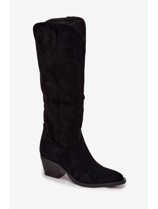 Dámské zateplené kozačky kovbojky na podpatku Esmira – černé, eko semiš Dámské zateplené kozačky kovbojky na podpatku Esmira – černé, eko semiš