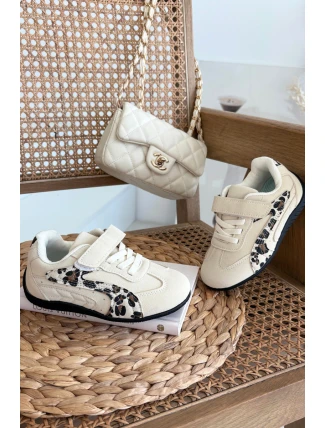 Dětské sportovní boty na suchý zip s leopardím vzorem Perrin – béžové