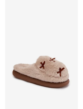 Dámské domácí pantofle s kožíškem a mašličkami – béžové Saviera