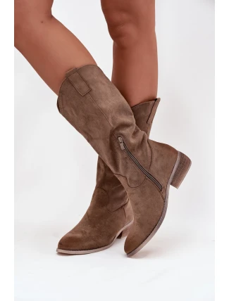 Dámské kozačky ve western stylu na nízkém podpatku Cherrie – tmavě béžové, eko zamsz