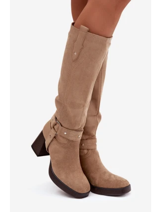 Dámské zateplené kozačky na podpatku s prošíváním Alessara – béžové