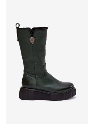 Dámské kožené kozačky se zateplením Zazoo – olivkové Dámské kožené kozačky se zateplením Zazoo – olivkové