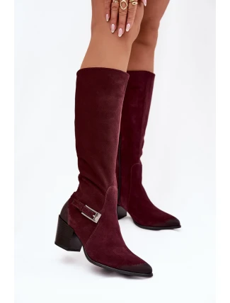 Dámské zateplené kozačky na podpatku se sponou Zazoo – bordó, semiš