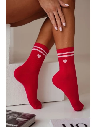 Dámské bavlněné ponožky srdce a proužky – červené Dámské bavlněné ponožky srdce a proužky – červené