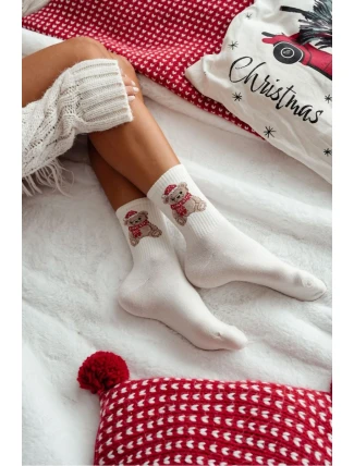 Dámské vánoční ponožky s medvídkem v čepici Santa – ecru Dámské vánoční ponožky s medvídkem v čepici Santa – ecru
