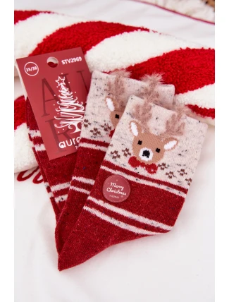 Dámské vánoční ponožky s motivem soba a proužky – červené (vlna alpaka) Dámské vánoční ponožky s motivem soba a proužky – červené (vlna alpaka)