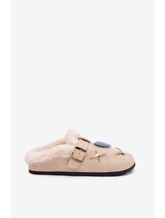 Dámské domácí pantofle se sponou a kožíškem – béžové Thalora