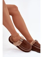 Dámské domácí pantofle s kožíškem a výšivkou – hnědé Perivelle