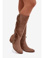 Dámské kovbojské kozačky s třásněmi a zateplením – khaki Firlina