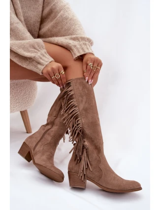 Dámské kovbojské kozačky s třásněmi a zateplením – khaki Firlina