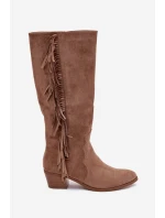 Dámské kovbojské kozačky s třásněmi a zateplením – khaki Firlina