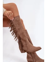 Dámské kovbojské kozačky s třásněmi a zateplením – khaki Firlina