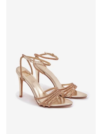 Dámské sandály na jehlovém podpatku se třpytivými krystalky - zlaté Rosavie