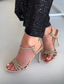 Dámské sandály na podpatku s pásky a cyrkoniemi Tanelle – zlaté