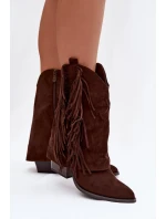 Dámské kotníkové kozačky – kovbojky se třásněmi na sloupku Gralina – čokoládové