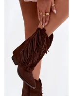 Dámské kotníkové kozačky – kovbojky se třásněmi na sloupku Gralina – čokoládové