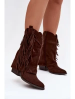 Dámské kotníkové kozačky – kovbojky se třásněmi na sloupku Gralina – čokoládové