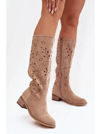 Dámské perforované kozačky na podpatku Helinna – khaki