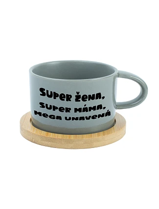 SUPER ŽENA, SUPER MÁMA, MEGA UNAVENÁ. - šedý hrníček makronka 200 ml