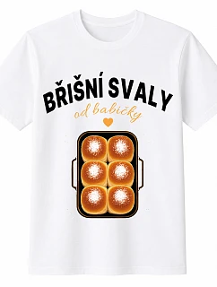 Pánské bavlněné tričko s potiskem - BŘIŠNÍ SVALY OD BABIČKY - bílé