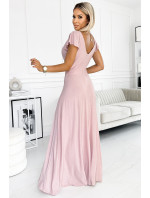 CRYSTAL - Dlouhé lesklé dámské šaty ve špinavě růžové barvě s výstřihem 411-6