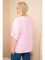 Dámská viskózová halenka Plus Size s krátkým rukávem a ozdobným šátkem bonbónově růžová Dámská viskózová halenka Plus Size s krátkým rukávem a ozdobným šátkem bonbónově růžová